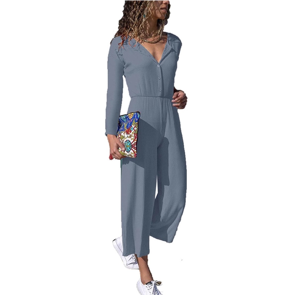 FAIRYMEI BLUE RIB KNIT JUMPSUIT WIDE LEG ROMPER